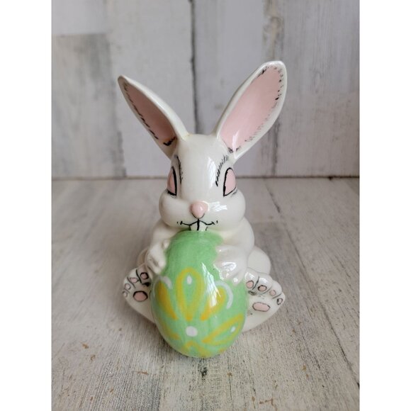 Vintage sitting rabbit egg holding bunny Easter spring decor figure - Picture 1 of 8